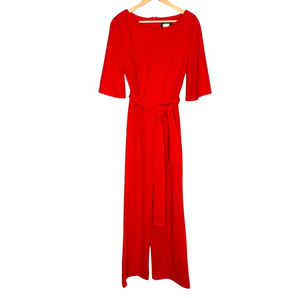 Alexia Admor Red Wide Leg Jumpsuit Size 10 Tie Waist 3/4 Sleeve Dressy